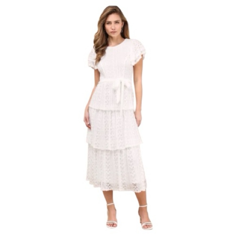 NWT Lulus Whimsical Spirit Ivory Lace Tiered Backless Midi Dress